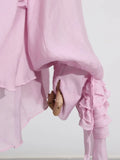 Fashion Women Ruffles Short Dress Elegant O-Neck Lace Up Lantern Long Sleeve Mini Vestido Chic Female 2025 Solid Dresses