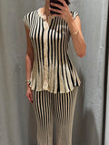 Striped Loose Two Piece Set for Women O Neck Sleeveless Top High Waist Wide Leg Pants Casual Sets Female Sumemr New