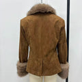 Retro Suede Faux Fox Fur Collar Blazer Coat Long Sleeve Double Breasted Fluffy Furs Cuff Women Fashion Jacket 2026 Chic Outfits