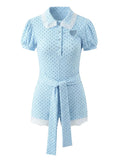 Elegant Sweet Blue Polka Dot Playsuit for Women Puff Sleeve Cutout Design Lace Trim Slimming Playsuits for Vacation