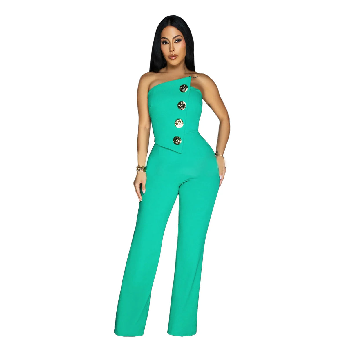 Women's Elegant Button Strapless Sleeveless Irregular Jumpsuits One Piece Metal Button Decor Overalls Outfit Night Clubwear