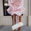 Elegant 3D Flower Cascading Ruffles Short Dress Women Loose Solid Lace Up Full Flare Sleeve Dresses Summer Lady Chic Robes