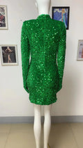 Women's Green Sequined Velvet Long Sleeve Turtleneck Mini Dress Fashion Hot Party Evening Stage Performance Gown Robes De Soirée