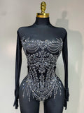 Stock Women Sexy Club Evening Party Wear Drag Queen Singer Dancer Stage Performance Costume Sparkly Rhinestone Stretch Jumpsuit