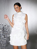 Spliced Appliques Elegant Dresses For Women Stand Collar Sleeveless High Waist Patchwork Zipper Mini Dress Female