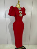 Shiny Bow Sexy Cut Out Short Sleeve Red Bodycon Bandage Long Dress Women Evening Party Celebrate Birthday Knitted Club Prom Gown