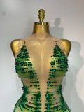 Green Sparkly Rhinestone Tassels Women Sexy Mesh Bodysuit Eveing Party Birthday Latin Dancer Nightclub Performance Stage Costume
