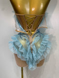 Women Sexy Strapless Sky Blue Diamonds Mesh Mini Dress Luxury Birthday Evening Party Costume Bar Nightclub Singer Stage Outfit