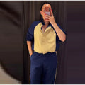 Color Block Zip Up Two Piece Set Women Long Sleeve Stand Collar Cropped Jacket High Waist Shorts 2026 Spring Summer Casual Suit