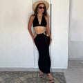 Women 2 Piece Set Sexy Halter Sleeveless Triangle Bra Crop Top Hollow Maxi Skirt Set Slim Knit Summer Beach Vacation Set