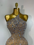 Women Sexy Mesh See Through Mini Dress Luxury Rhinestones Stage Costume Singer Dancer Nightclub Evening Party Birthday Dresses