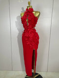 Sexy Hollow Out Sleeveless 3D Flower Red Bodycon Long Bandage Dress Women Evening Party Birthday Elegant Wedding Guest Clothing