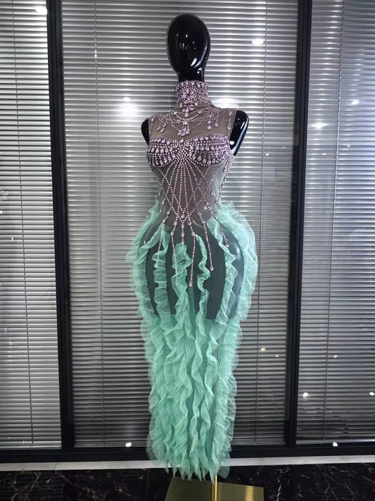 Pink Feathers Shining Sequins Women Sexy Strapless Bodycon Maxi Floor-length Gowns Dress Bar Singer Celebrate Performance Wear