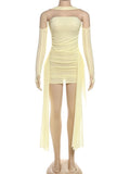 Sexy See Through Dress+Shawl Women Ruched Side Ribbon Coquette Skinny Midnight Clubwear Summer Vacation Party Bodycon