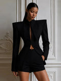 Black Shoulder Pad Two Piece Suit Chic Stand Collar Long Sleeve Hollow Slim Outfit 2026 Summer Office Dating Party Formal Suits