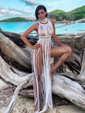 2026 White Black Women Turtleneck Long Tassel Sexy Perspective Design Maxi Dress Fashion Club Beach Vacation Party Dress