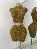 Sexy Sleeveless Crop Top Skirt Women's Sets Sparkly Luxury Diamonds See Through Mesh Stage Outfit Performance Singer Costume