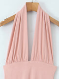 Vacation Pink Backless Mini Dress Female Plunge Neck Sleeveless Slimming Asymmetrical Hem for Urban Street Style