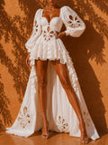 Fashion Style White Cutout Floral Accent Gown for Women Square Collar Puff Sleeve Asymmetric Train Skirt for Beach Elopement
