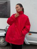 Red Oversized Puffer Jacket Stand Collar Single-breasted Elastic Cuff Loose Warm Winter Coat Casual Women Street Outerwear 2026