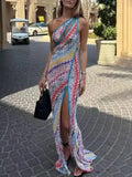 Colorful Print Dresses for Women Diagonal Collar Spliced Hollow Out Sleeveless High Waist Split Dress Female Autumn