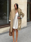 Lapel Collar Loose Mid Length Trench Coat Long Sleeve Single-breasted Striped Lining Coats Women Autumn Casual Commute Wear New