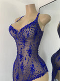 Sparkly Gold Design Evening Party Dress Luxury Rhinestones See Through Sexy Women's Clothing Mesh Stretch Birthday Dresses