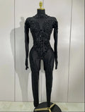 Singer Show Leotard Gogo Drag Queen Outfit Women Sexy Red Rhinestone Jumpsuit Stage Performance Costume Bar Club Birthday Party