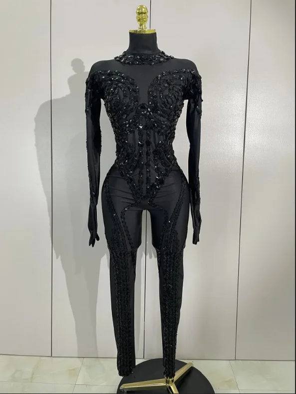 Singer Show Leotard Gogo Drag Queen Outfit Women Sexy Red Rhinestone Jumpsuit Stage Performance Costume Bar Club Birthday Party