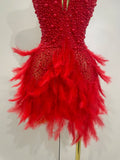 Women Sexy Celebrate Birthday Dress Luxury Rhinestones Pearls Feathers Halter Backless Short Dress Nightclub Bar Stage Costume