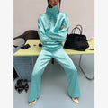 Solid Waist Drawstring Cinched Jacket Women's Satin Pleated Stand Collar Long Sleeves Loose Coat Lady Fashion Daily Outwear New