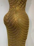 Women Sexy Sparkly Rhinestone Gold Maxi Dress Mesh See Through Evening Party Singer Stage Perform Costume Luxury Birthday Gown