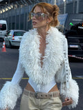 White Faux Curly Fur Bodysuit Women Chic Solid Deep V Long Fluffy Sleeves Shorts Bodysuit 2026 Lady Party Street Matching Suit