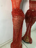 Sparkly Red Rhinestones Sequins Alluring See Through 2 Piece Maxi Dress 2025 Women's Evening Birthday Party Stage Show Outfit