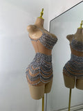 Sparkly Crystals Diamonds Mesh See Through Mini Dress Luxury Women Sexy Sleeveless Perforamnce Dance Costume Night Club Wear