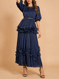 Elegant Chiffon Layered Ruffles Design Dress for Women Short Sleeves Waist Belt Spliced Diamonds Accent for Afternoon Tea