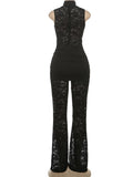 Sexy Jumpsuit Woman Metal Knot Patchwork Jacquard Ruched Waist Stretch Skinny Midnight Workout Streetwear Overalls