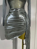 Women Sparkly Rhinestone Birthday Evening Party Nightclub Team Stage Show Costume Sexy Mesh See Through Long Sleeves Mini Dress