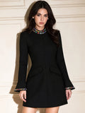 Black Luxury Crystal Slim Fit Mini Dresses For Women Stand Neck Long Sleeved Tunic Dress Female New