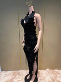 Elegant 3D Flower Applique Halter Maxi Dress Sexy Off Shoulder Backless Ruffled Bodycon Bandage Celebrity Evening Party Gowns