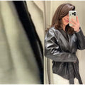 Women's Chic Lapel Oversized PU Leather Jacket Casual Full Sleeve Drop Shoulder Belted Coat Lady 2026 Spring Chic Streetwear