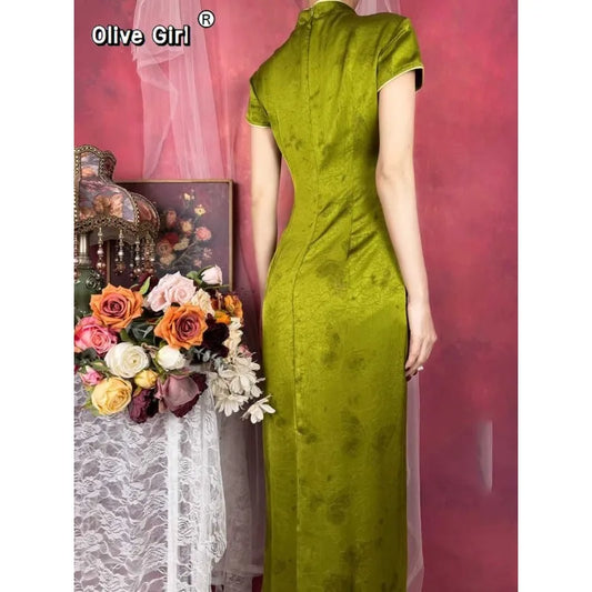 Olive Girl Green Flowing Sleeve Qipao for Ren Faire 2026 Garden Wedding Fairycore Photoshoot Everyday Wear S-XXL XS-3XL Plus Size Flowing Sleeve Romantic Garden Party Editorial Not Costume Qipao Cheongsam Chinese Dress Chinese Heritage Fashion Women