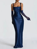 Sexy Satin Evening Long Dresses for Women Square Collar Sleeveless High Waist Folds Slimming Bodycon Dress Female
