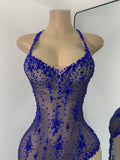 Sparkly Gold Design Evening Party Dress Luxury Rhinestones See Through Sexy Women's Clothing Mesh Stretch Birthday Dresses