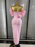 Pink Color Women Sexy Off the Shoulder Puff Sleeve Shining Rhinestones Bodycon Long Bandage Dress Evening Party Cocktail Wear
