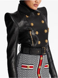 2026 New Slim Double Dreasted Pu Faux Leather Short Jacket with Belt Streetwear Female Retro Moto Biker Coat Outwear
