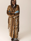 Leopard Print Faux Fur Long Coat Women Plush Belted Waist V Neck Loose Fit Thick Maxi Coats Warm Winter Elegant Luxury Outerwear