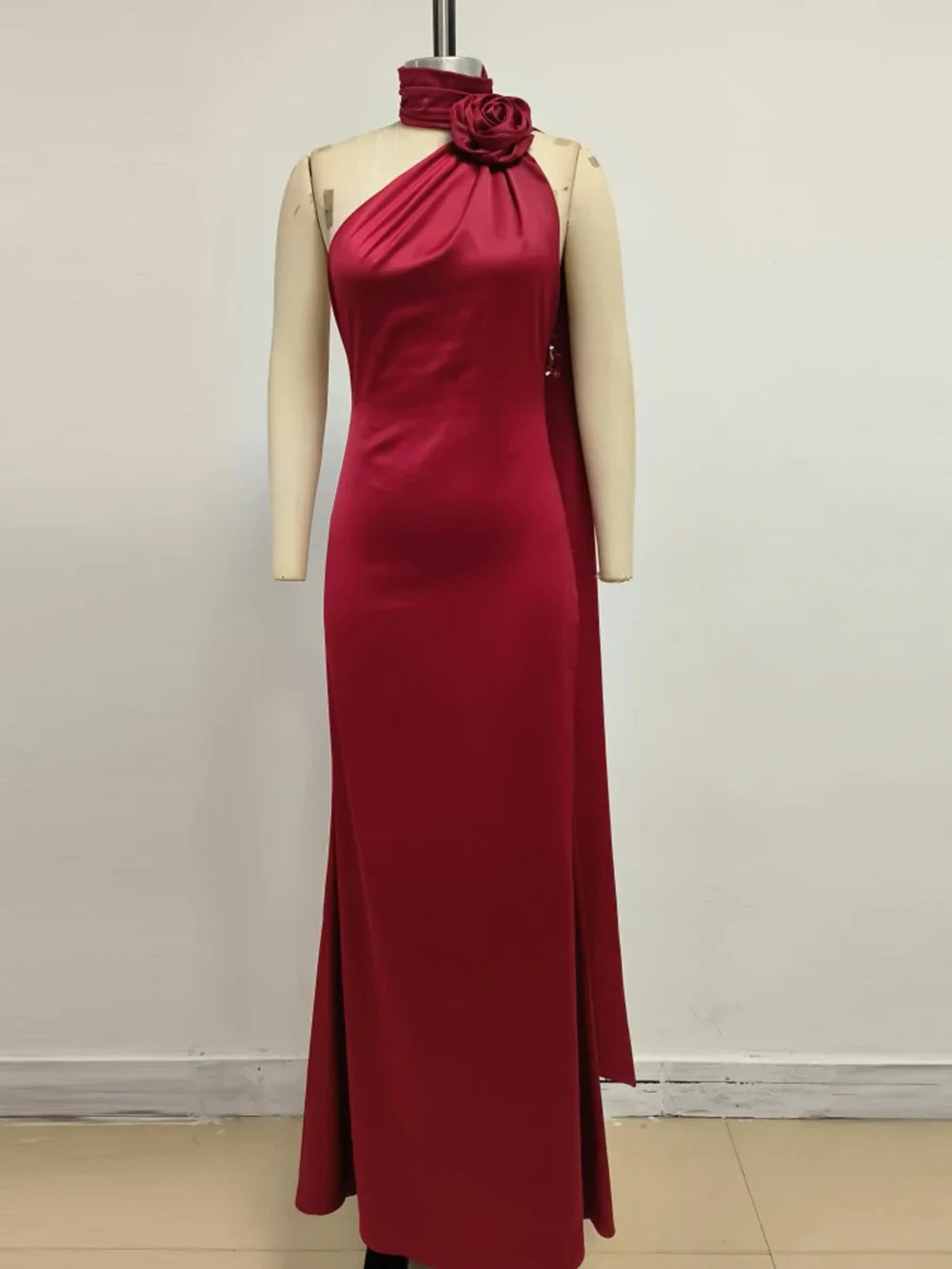 Elegant Solid 3D Flowers Ribbon Women Halter Dress Off Shoulder Sleeveless Backless Slim Female Maxi Dresses Chic Lady Robe