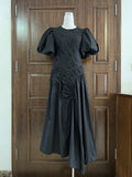 Solid Spliced Drawstring Folds Designer Maxi Dress for Women O Neck Puff Sleeve High Waist Elegant Party Dresses Female New