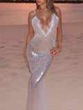 Sexy White Backless Sequin Summer Dress Women Maxi Slip Beach Birthday Dress Woman Elegant Party Evening Long Dresses Vestidos